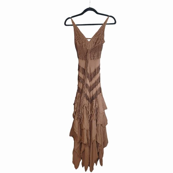 Vintage Y2k Silk Nina Austin Brown Handkerchief Hem Fairycore Boho Dress - XS - Picture 10 of 11